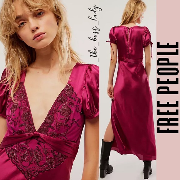 SOLD -D- Free People dress maxi satiny floral embroidered spring cocktail summer - Picture 3 of 6